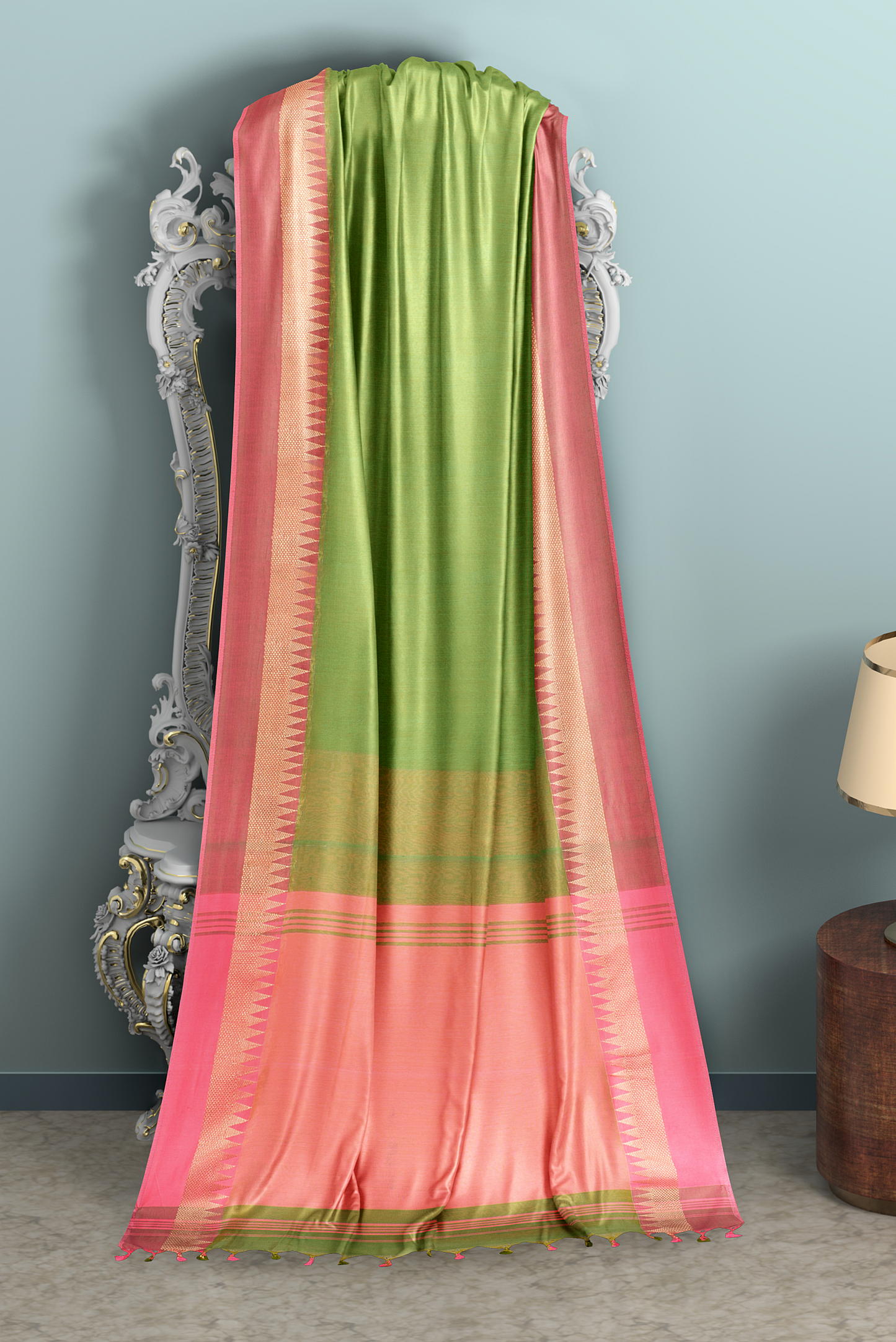 Moitreyee Khadi Pure Cotton Pink & Green Handloom Saree