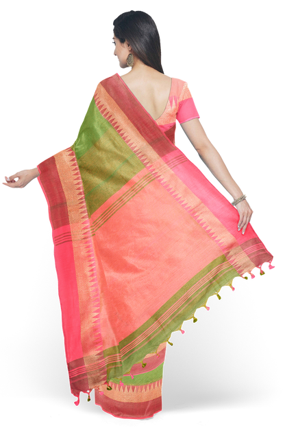 Moitreyee Khadi Pure Cotton Pink & Green Handloom Saree