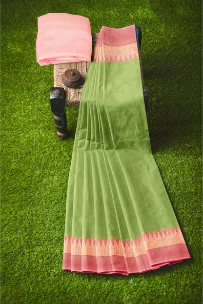 Moitreyee Khadi Pure Cotton Pink & Green Handloom Saree