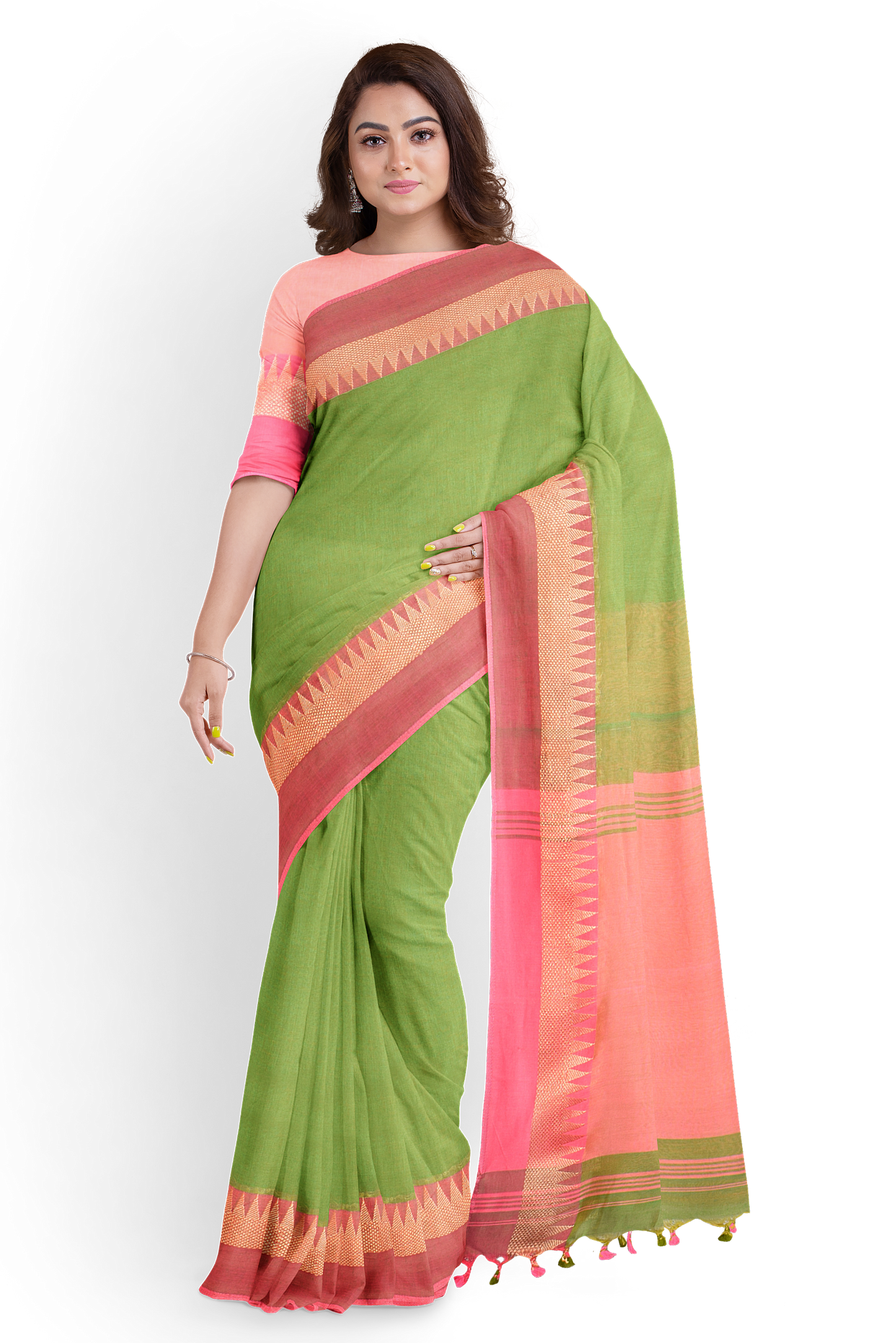 Moitreyee Khadi Pure Cotton Pink & Green Handloom Saree