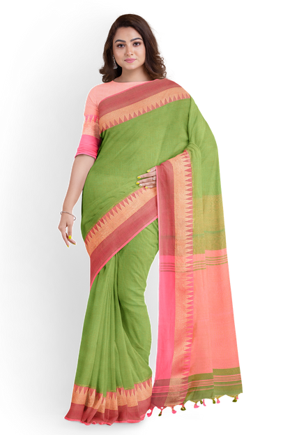Moitreyee Khadi Pure Cotton Pink & Green Handloom Saree