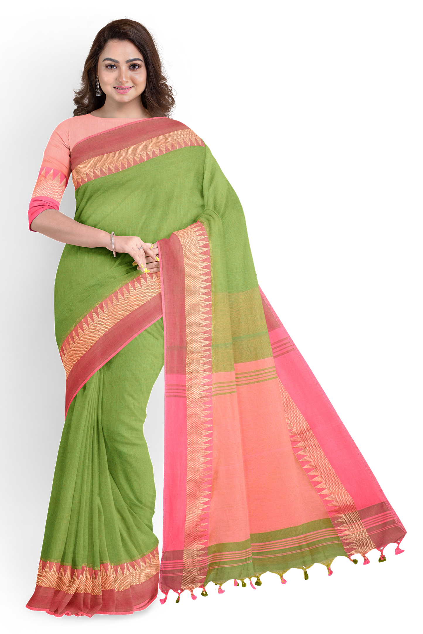 Moitreyee Khadi Pure Cotton Pink & Green Handloom Saree