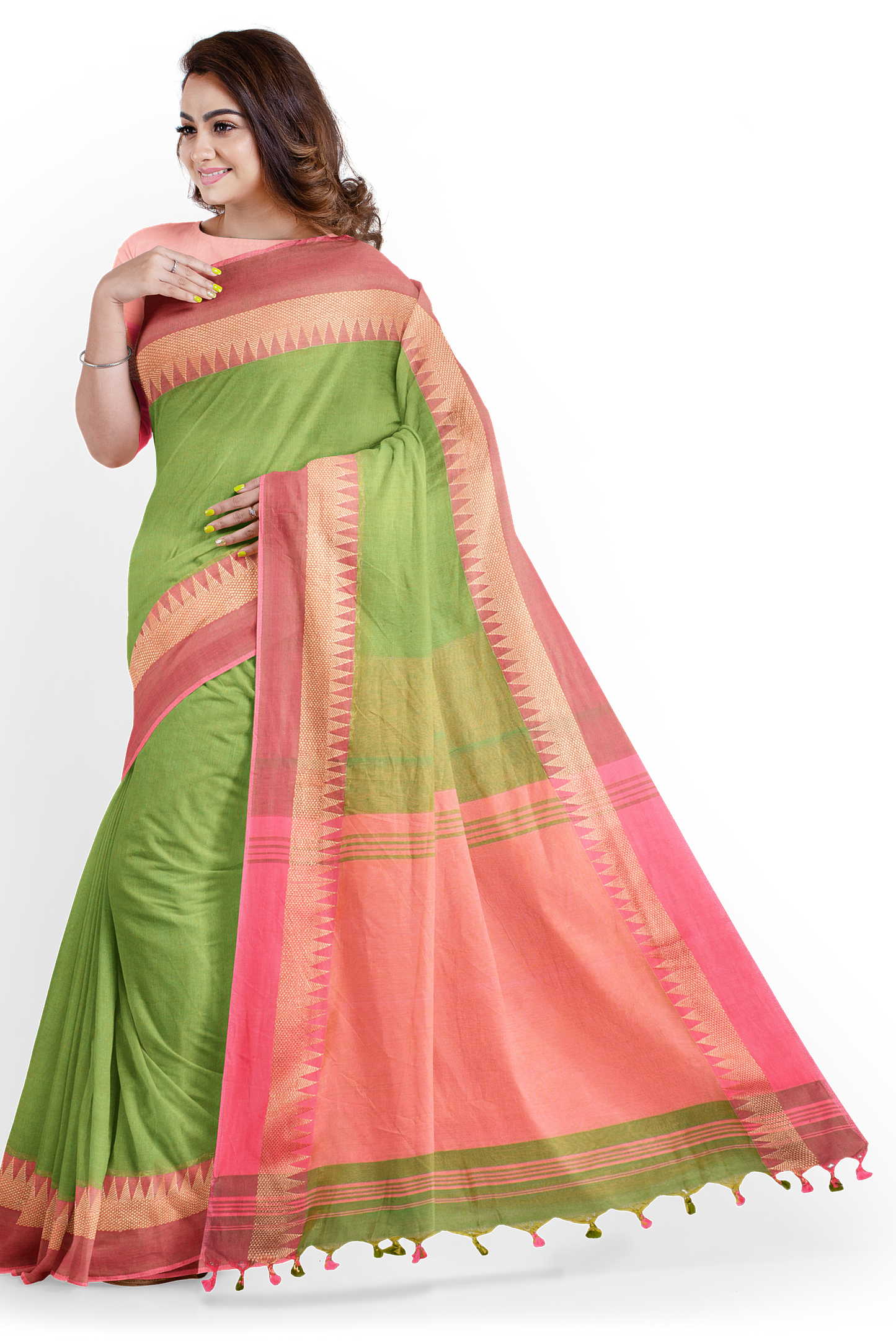 Moitreyee Khadi Pure Cotton Pink & Green Handloom Saree