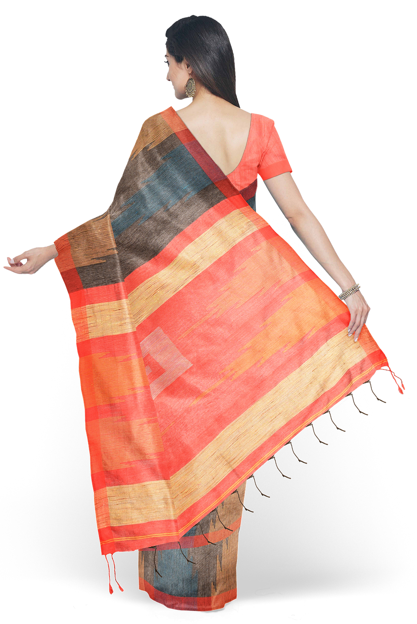 Moitreyee Cotton Ikkat Black & Orange Handloom Saree