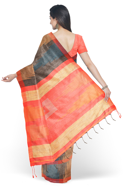 Moitreyee Cotton Ikkat Black & Orange Handloom Saree