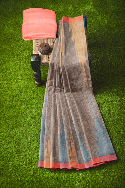 Moitreyee Cotton Ikkat Black & Orange Handloom Saree