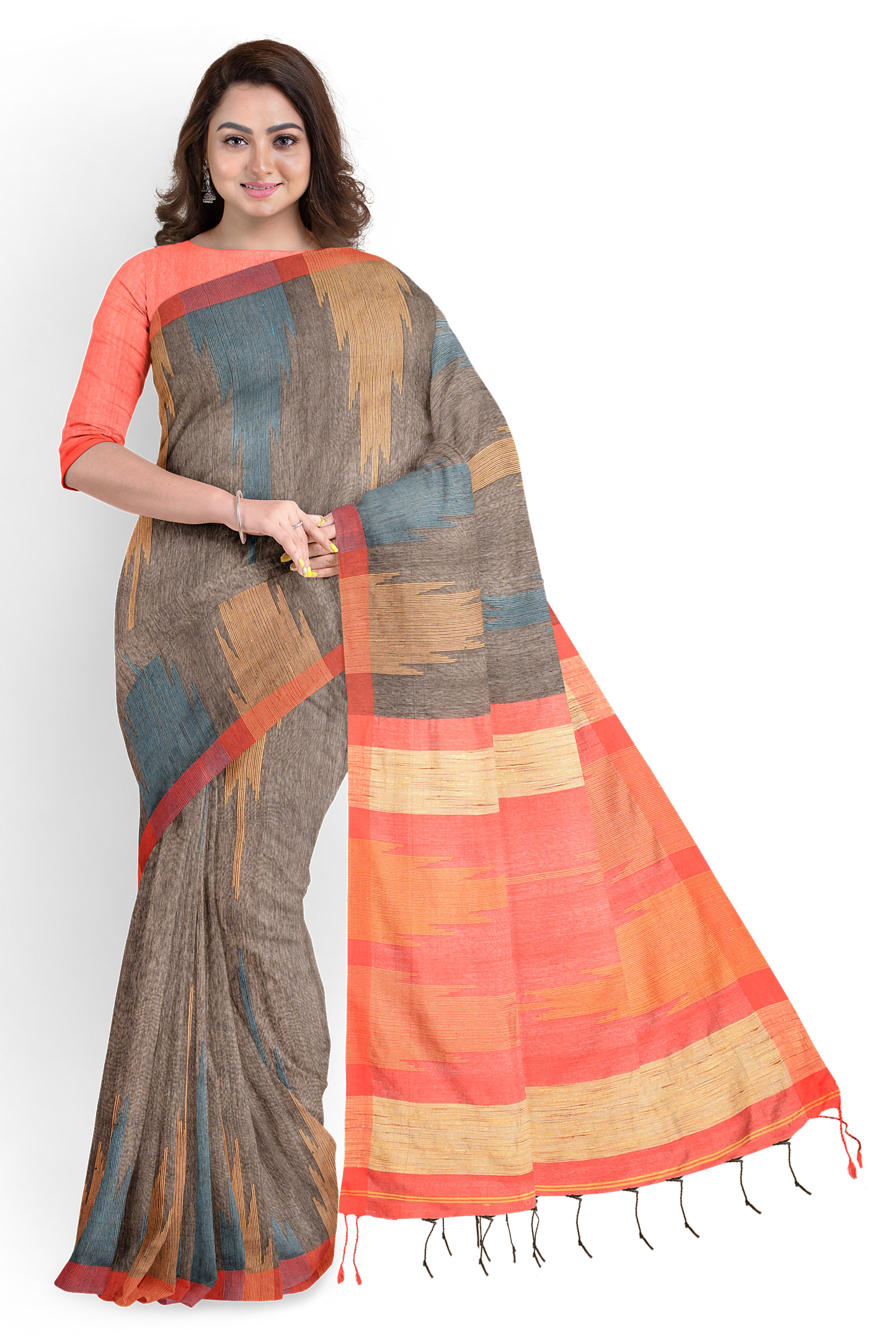 Moitreyee Cotton Ikkat Black & Orange Handloom Saree