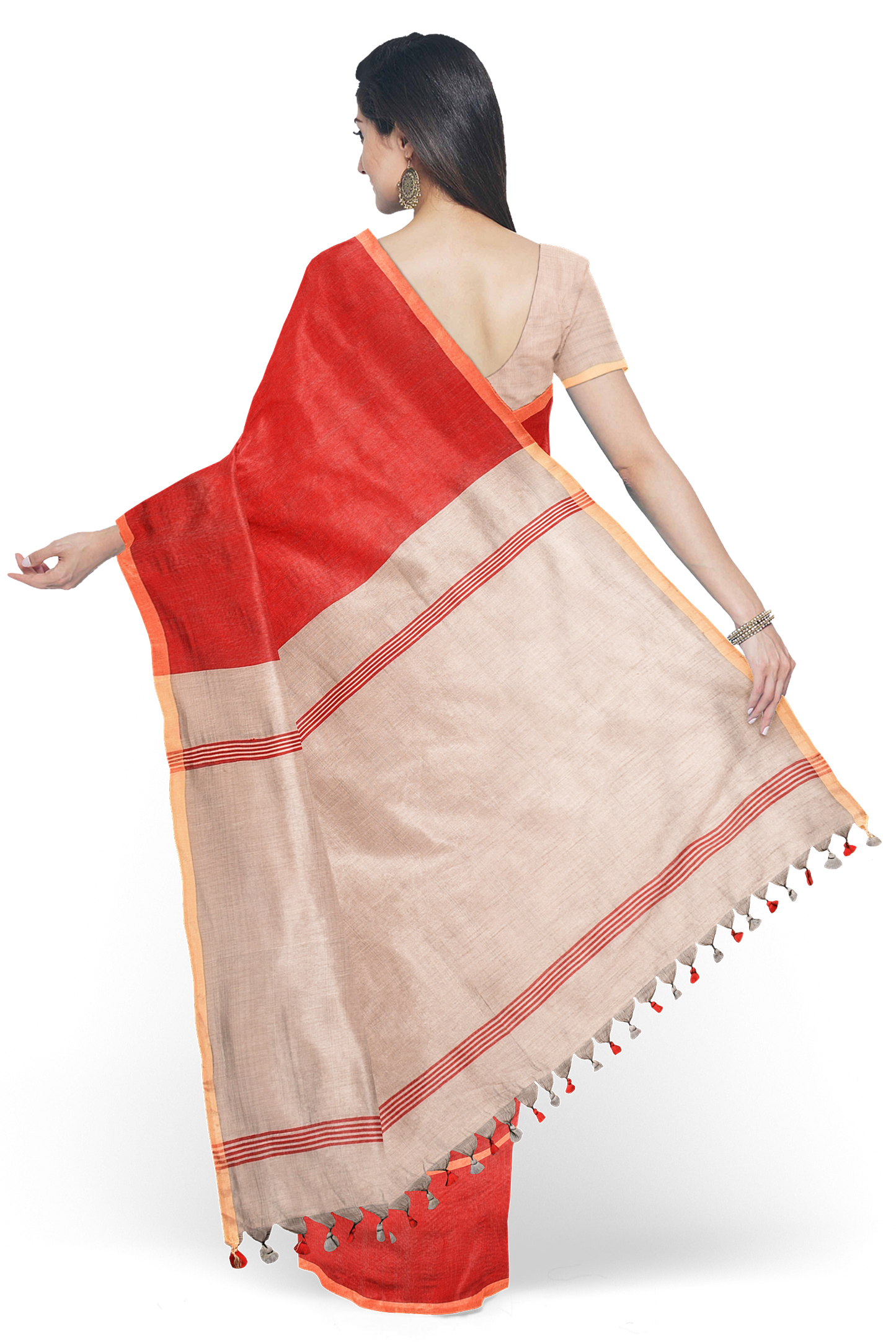 Moitreyee Red & Ash Half and Half Cotton Handloom Saree