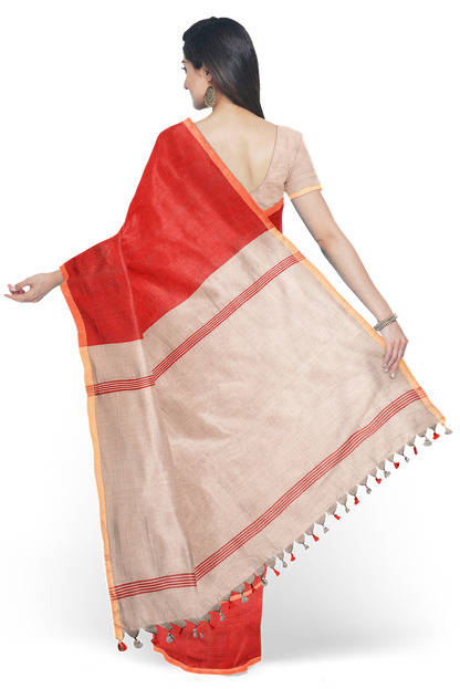 Moitreyee Red & Ash Half and Half Cotton Handloom Saree