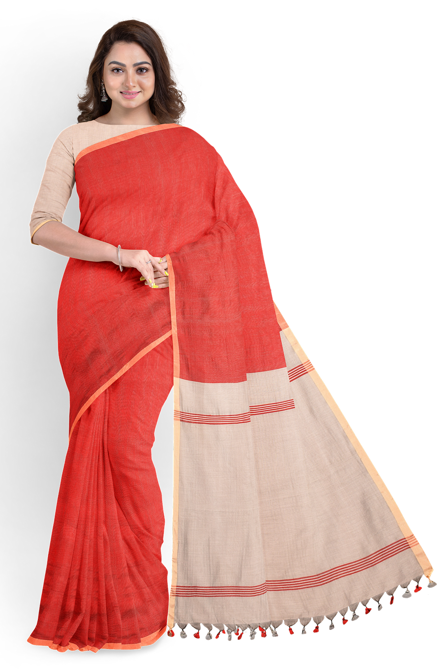 Moitreyee Red & Ash Half and Half Cotton Handloom Saree