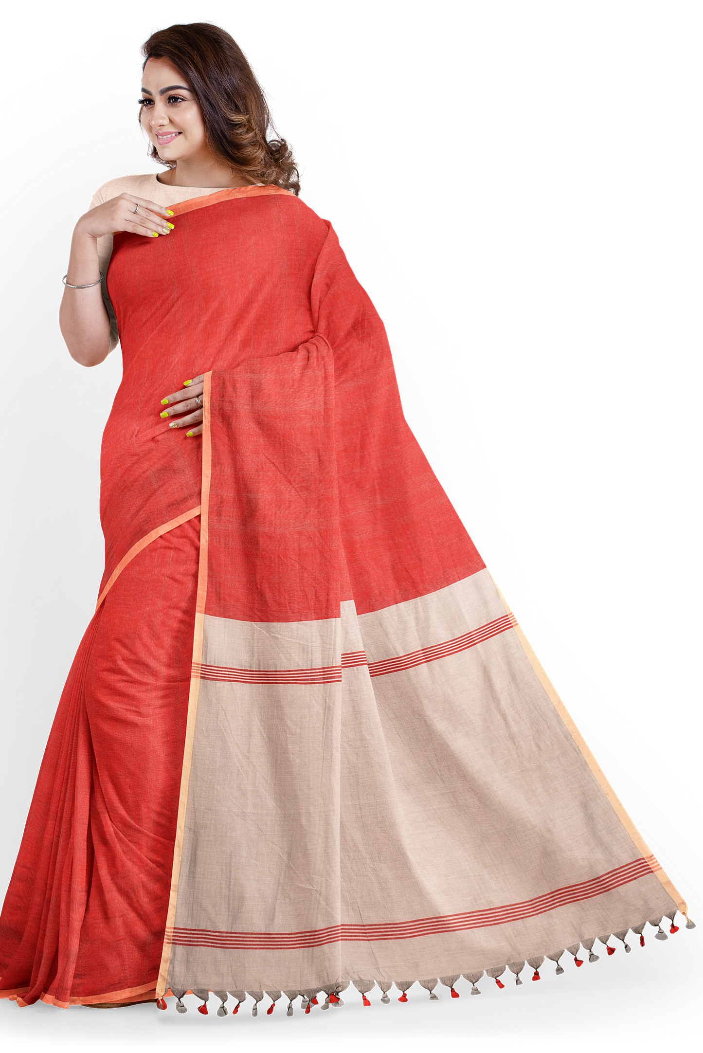 Moitreyee Red & Ash Half and Half Cotton Handloom Saree
