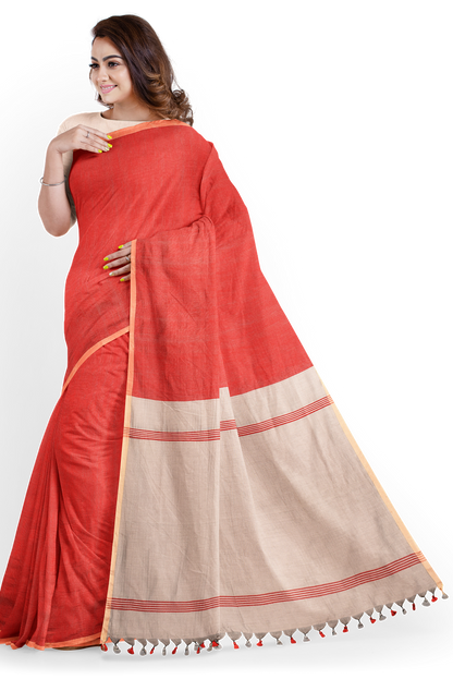Moitreyee Red & Ash Half and Half Cotton Handloom Saree