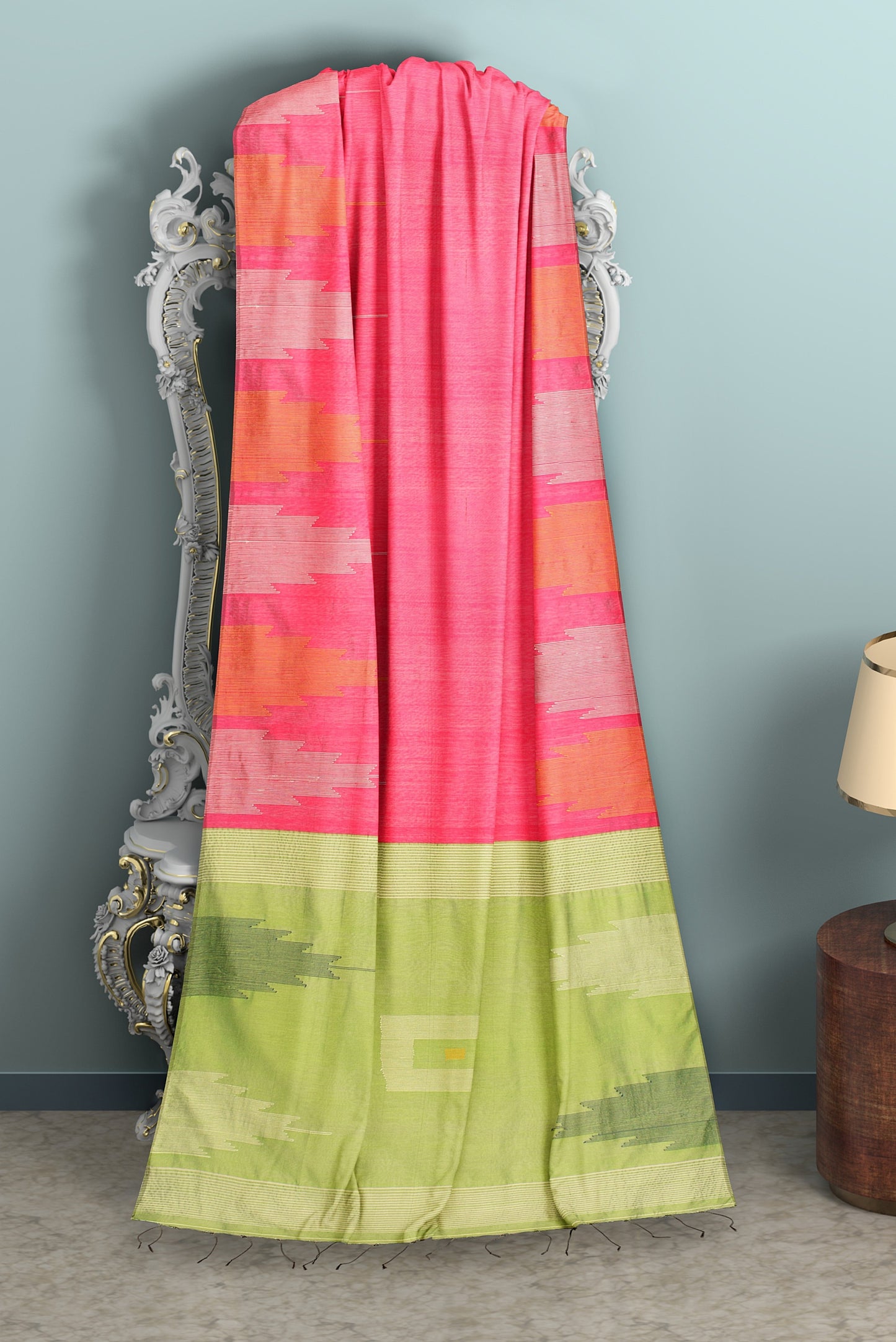 Moitreyee Cotton Ikkat Pink & Green Temple Design Saree