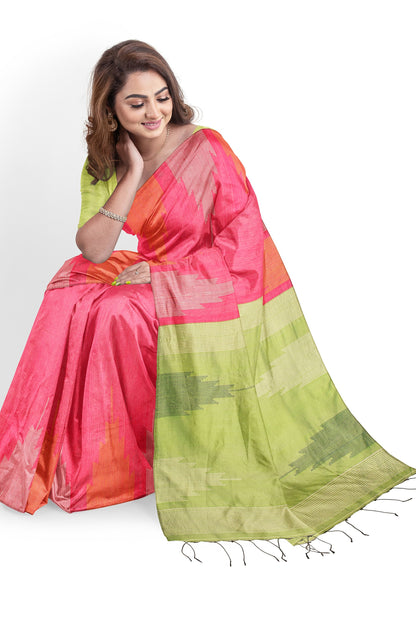 Moitreyee Cotton Ikkat Pink & Green Temple Design Saree