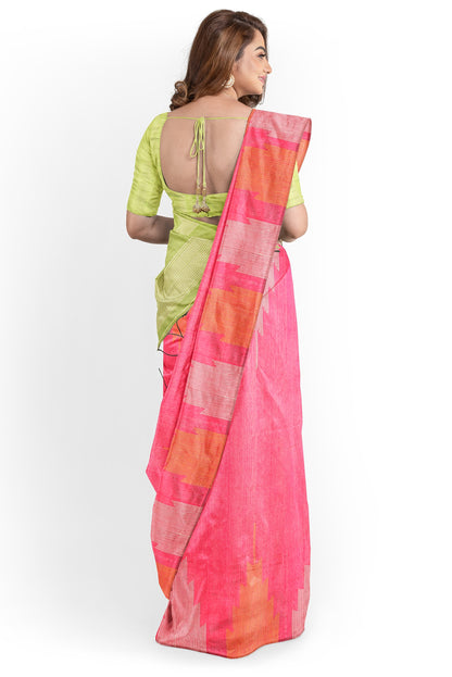 Moitreyee Cotton Ikkat Pink & Green Temple Design Saree