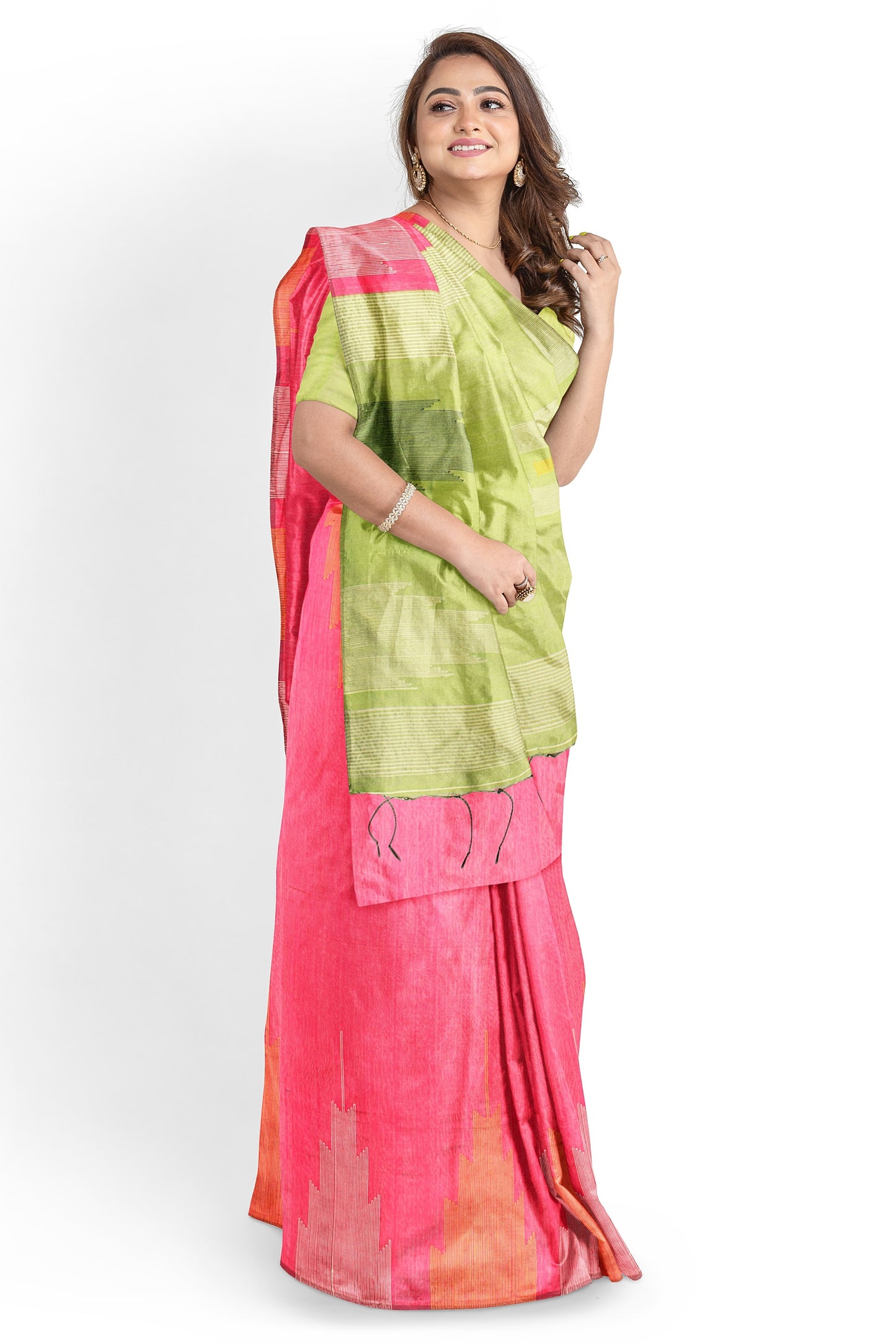 Moitreyee Cotton Ikkat Pink & Green Temple Design Saree