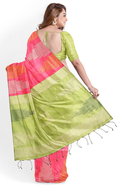 Moitreyee Cotton Ikkat Pink & Green Temple Design Saree