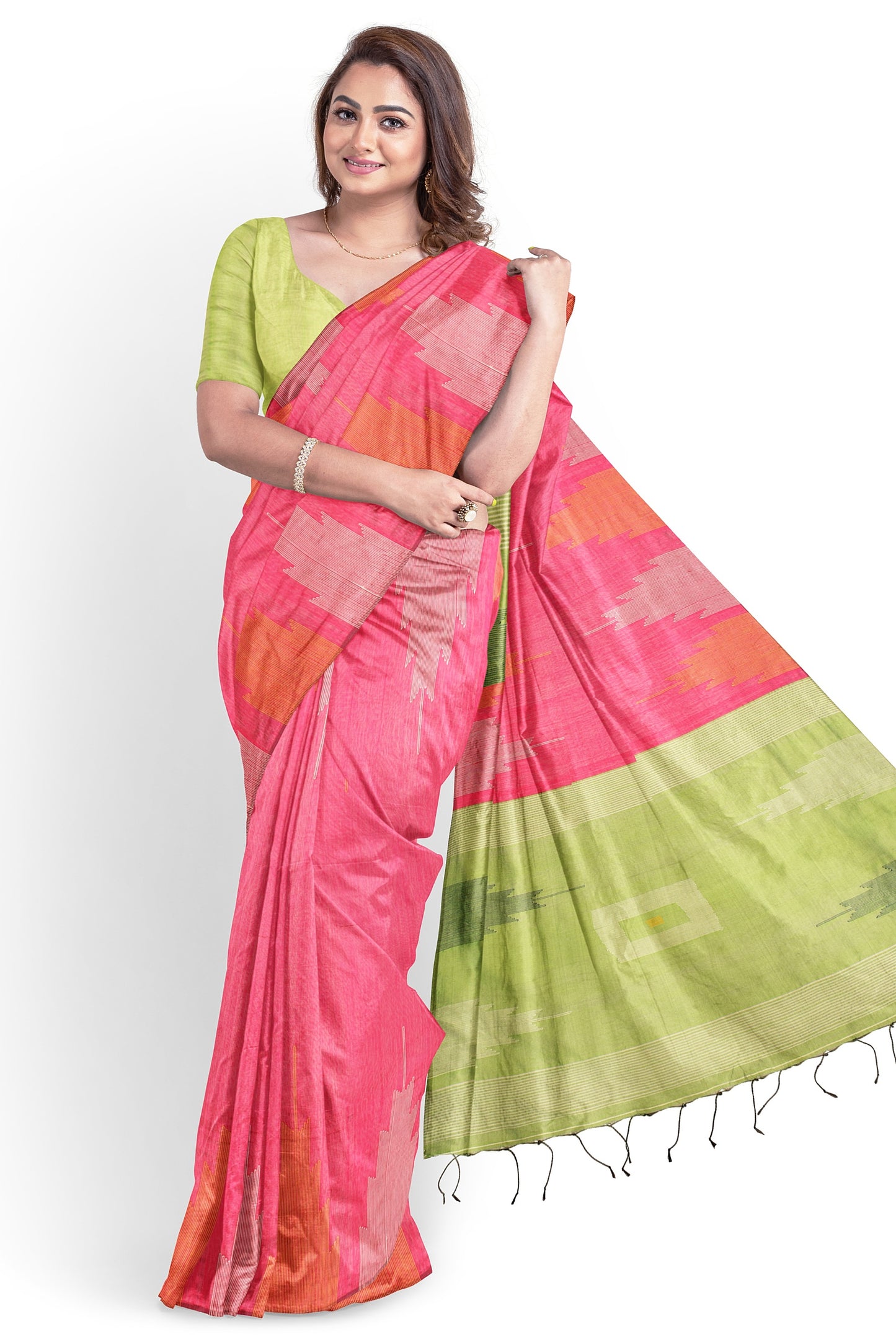 Moitreyee Cotton Ikkat Pink & Green Temple Design Saree