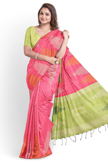 Moitreyee Cotton Ikkat Pink & Green Temple Design Saree