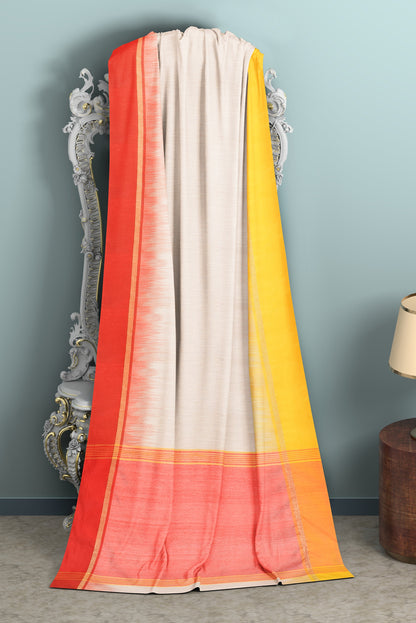 Moitreyee Cotton Ikkat Yellow, Red & White Handloom Saree