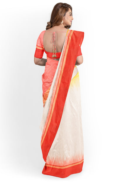 Moitreyee Cotton Ikkat Yellow, Red & White Handloom Saree