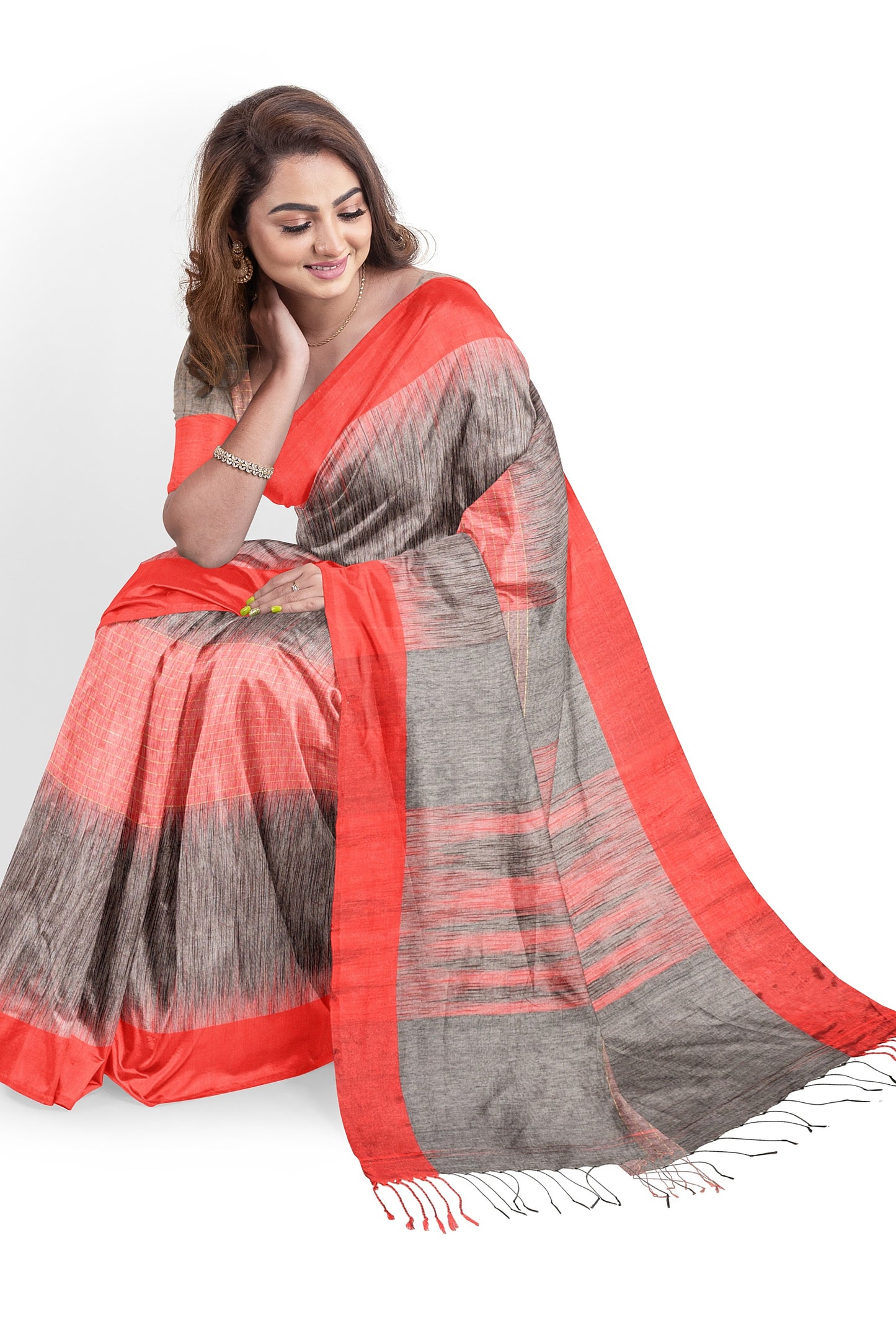Moitreyee Khadi Cotton Ikkat Red and Black Saree