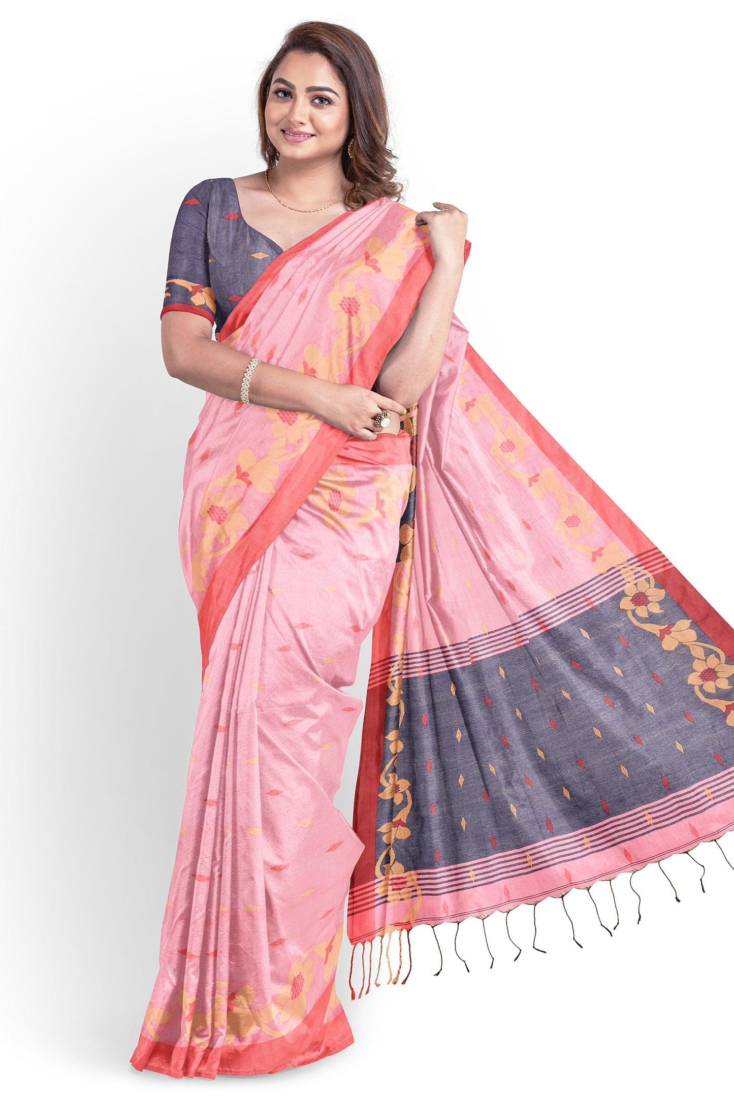 Moitreyee Cotton Silk Pink Blue Saree