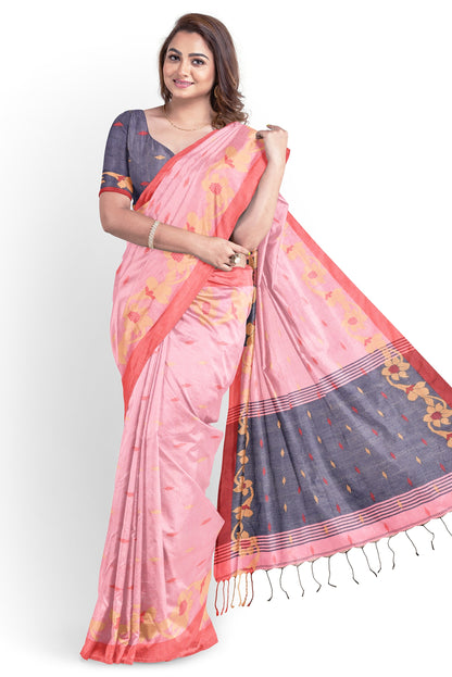Moitreyee Cotton Silk Pink Blue Saree