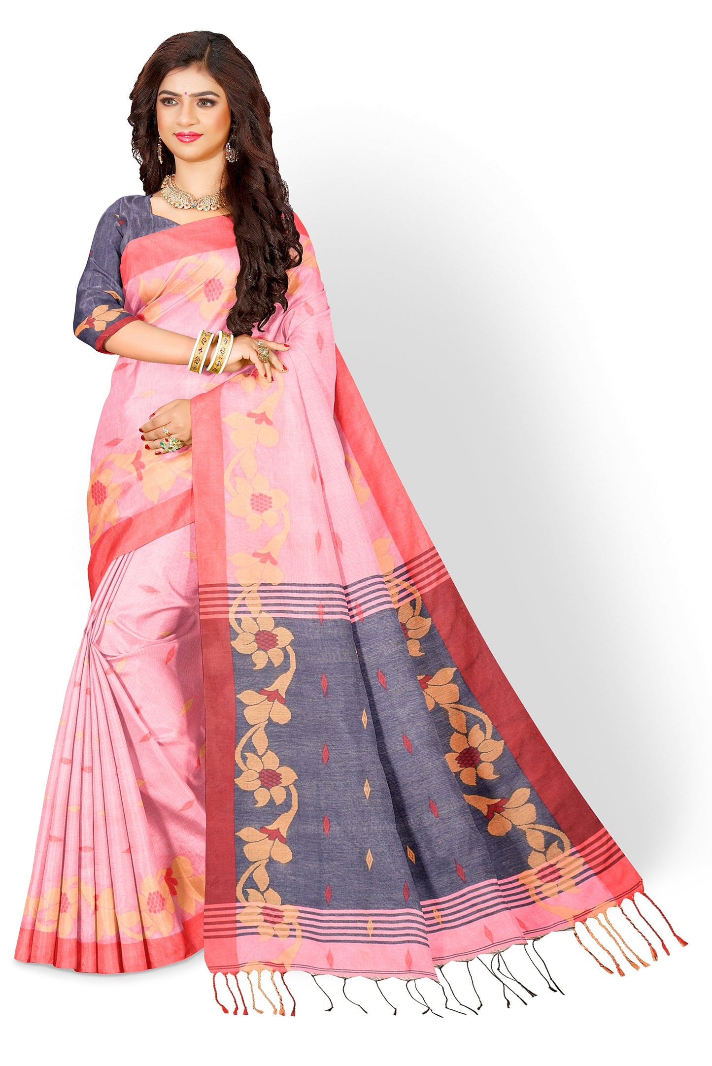Moitreyee Cotton Silk Pink Blue Saree