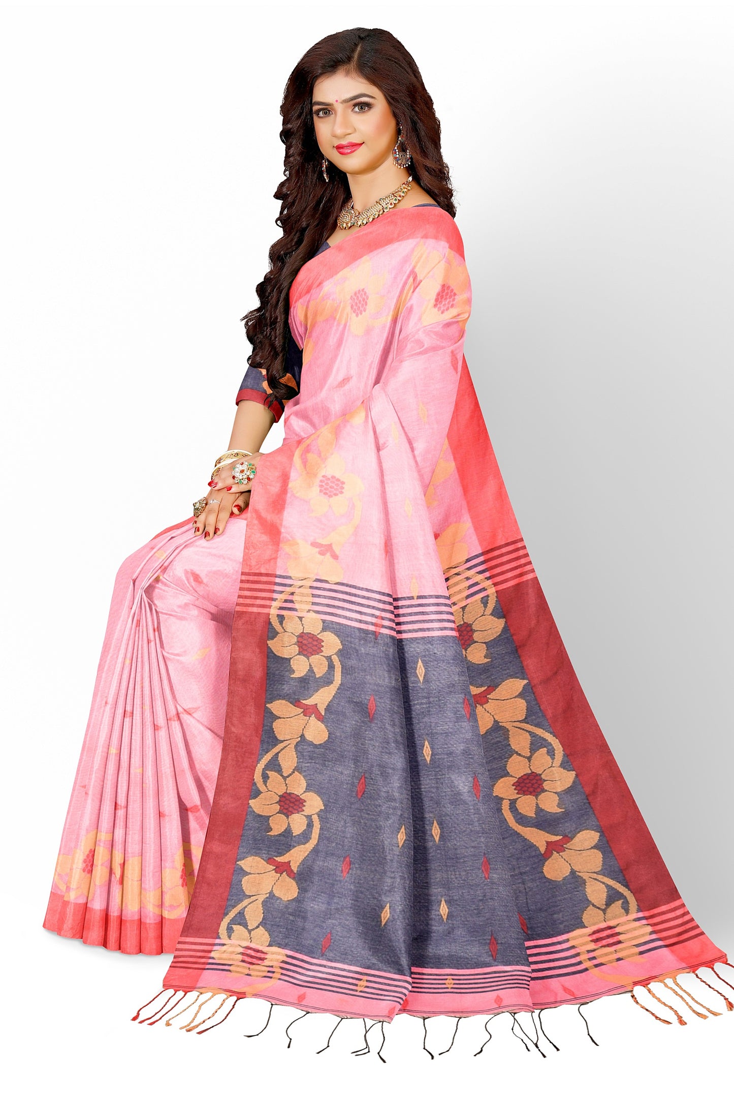 Moitreyee Cotton Silk Pink Blue Saree