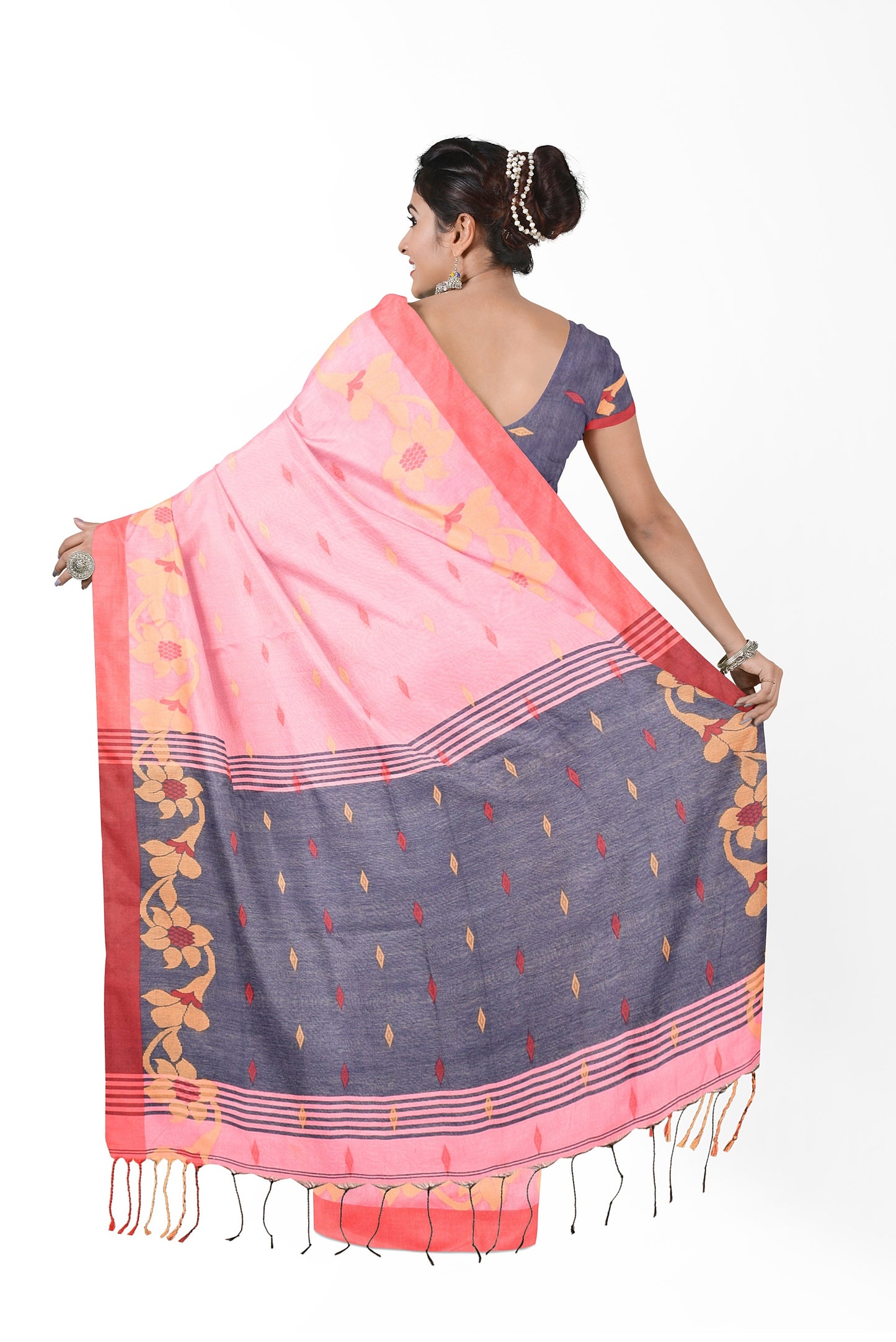 Moitreyee Cotton Silk Pink Blue Saree