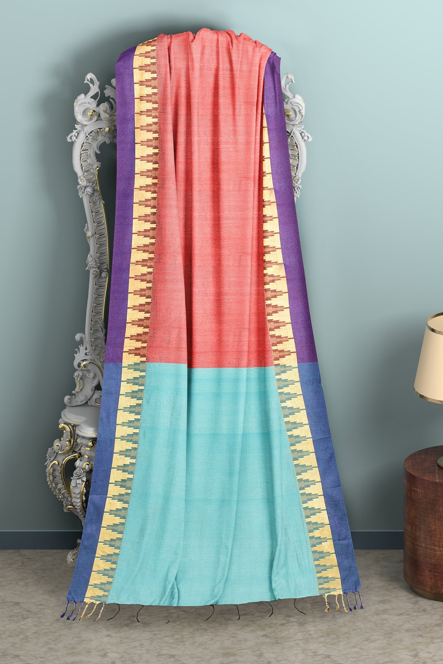 Moitreyee Cotton Silk Temple Border Orange & Blue Handloom Saree