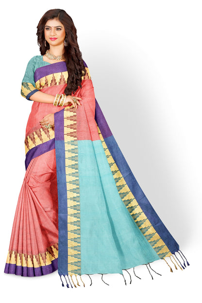 Moitreyee Cotton Silk Temple Border Orange & Blue Handloom Saree