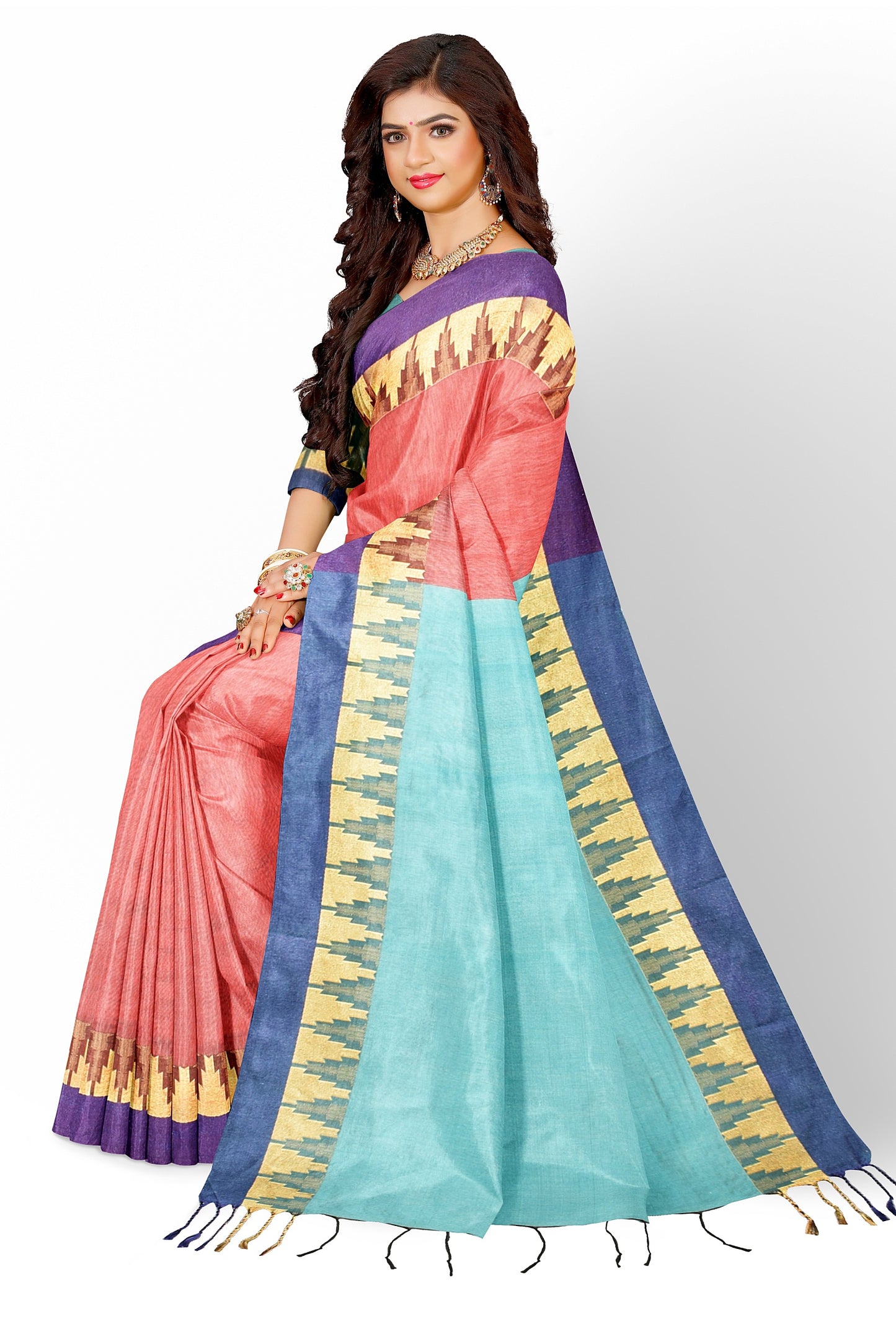 Moitreyee Cotton Silk Temple Border Orange & Blue Handloom Saree