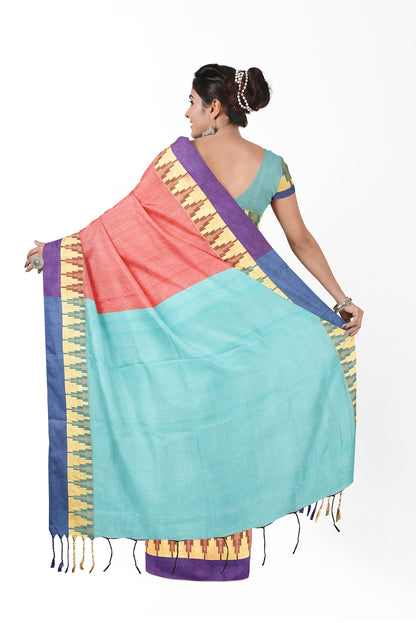 Moitreyee Cotton Silk Temple Border Orange & Blue Handloom Saree