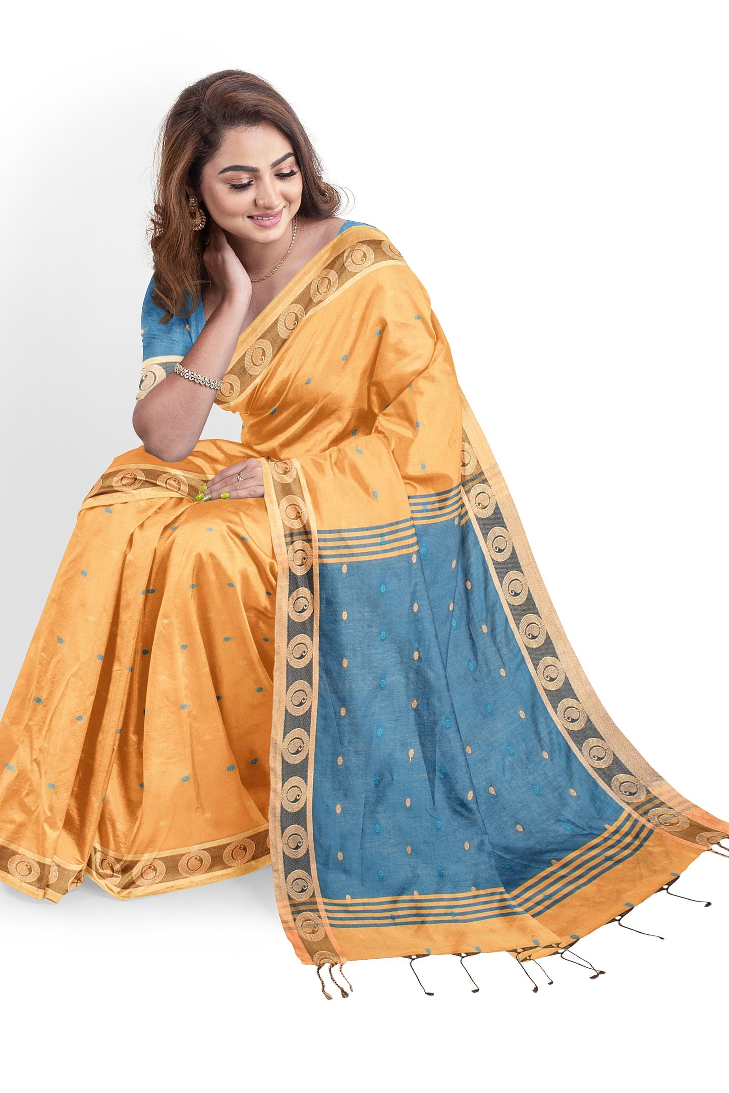 Moitreyee Golden & Blue Cotton Silk Handloom Saree