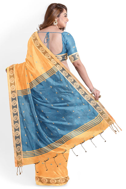 Moitreyee Golden & Blue Cotton Silk Handloom Saree