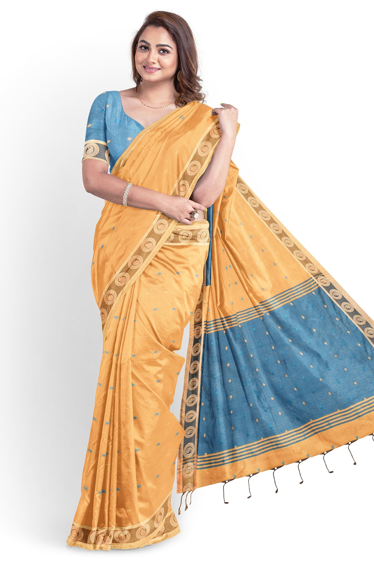 Moitreyee Golden & Blue Cotton Silk Handloom Saree