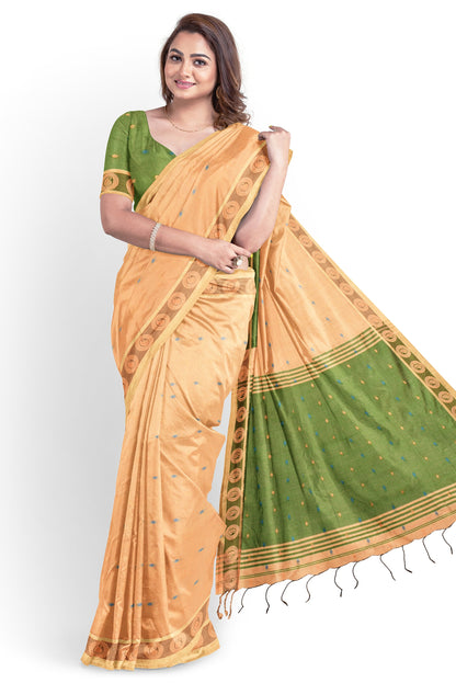 Moitreyee Golden & Green Cotton Silk Handloom Saree
