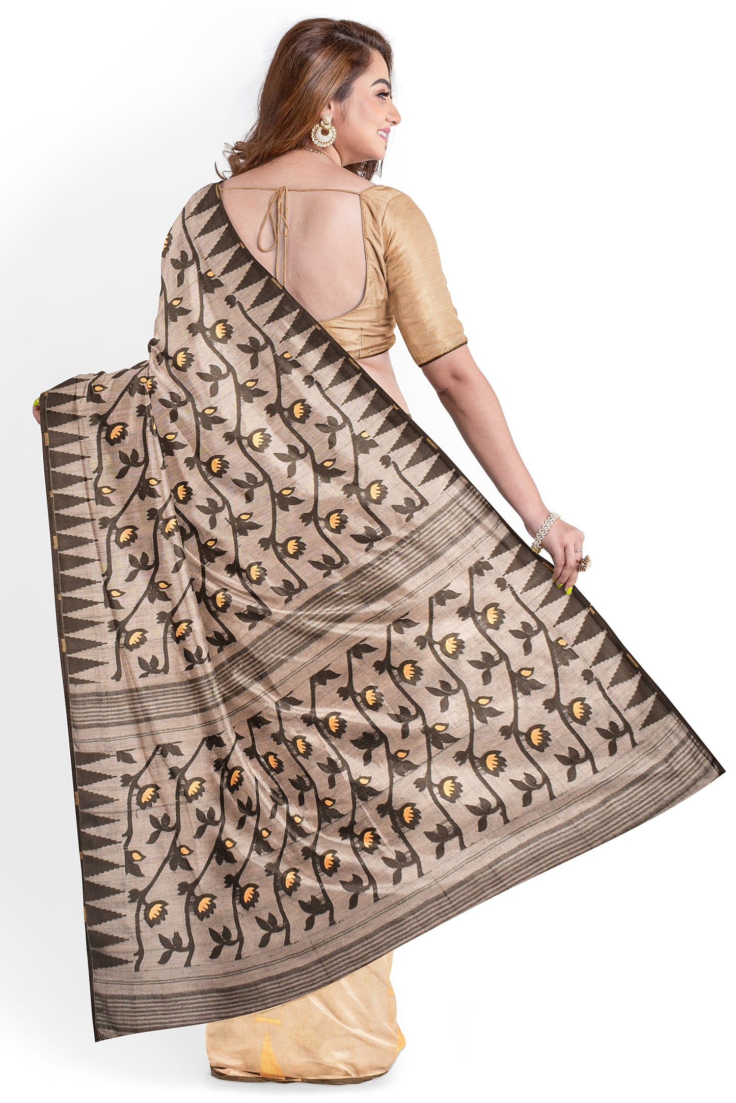Moitreyee Soft Jamdani Golden & Black Handloom Saree