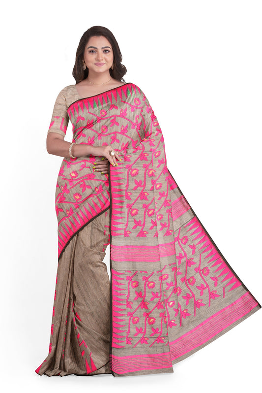 Moitreyee Soft Cotton Jamdani Pink and Black Handloom Saree