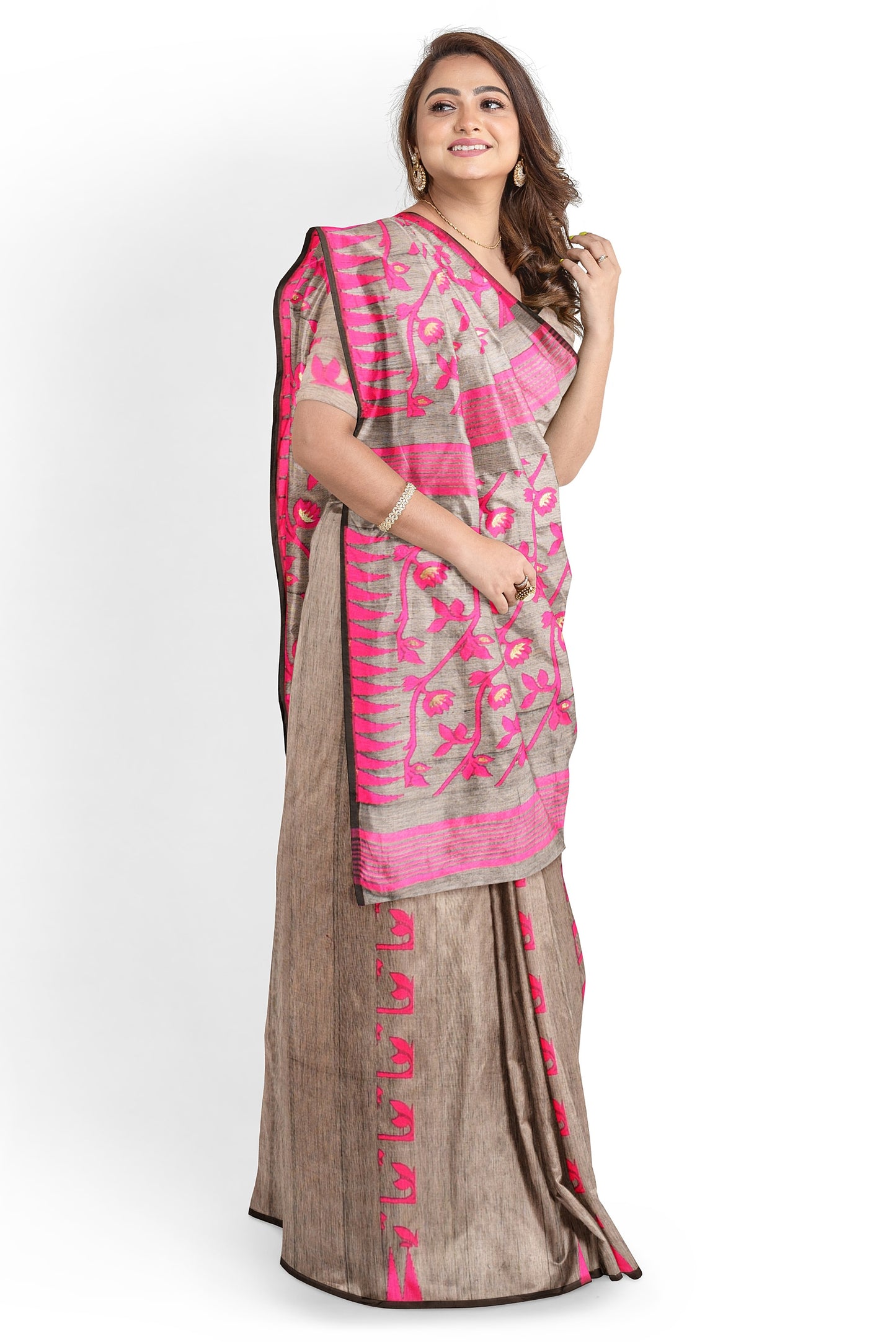 Moitreyee Soft Cotton Jamdani Pink and Black Handloom Saree