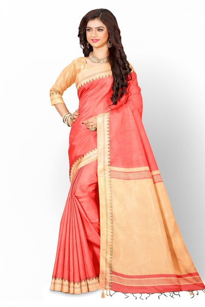 Moitreyee Handloom Cotton Silk Orange and Golden Saree