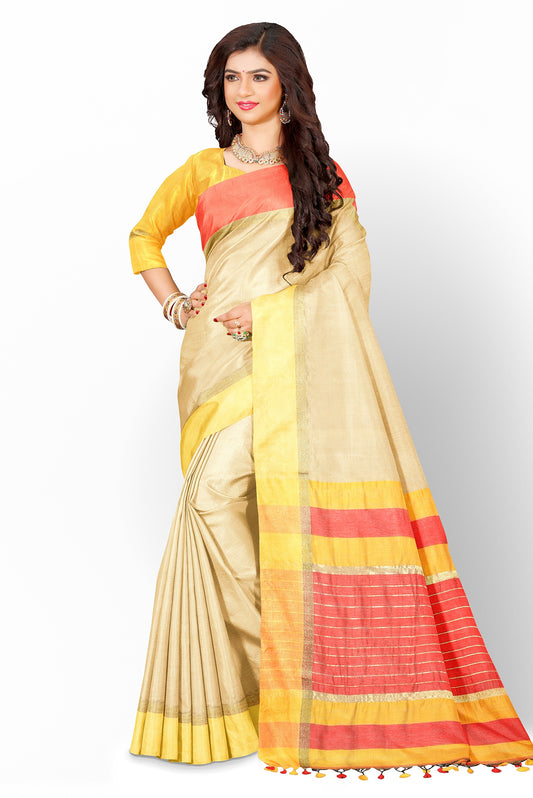 Moitreyee Handloom Cotton Silk Saree in Golden and Red with Maheswari Design
