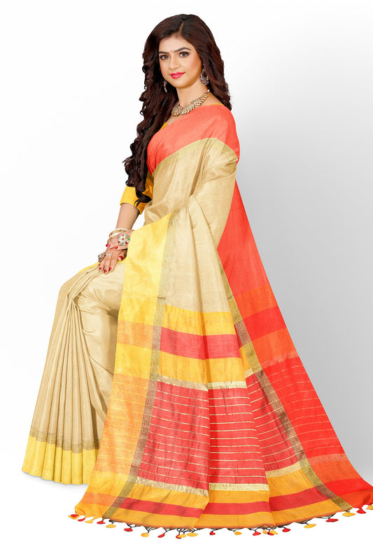 Moitreyee Handloom Cotton Silk Saree in Golden and Red with Maheswari Design