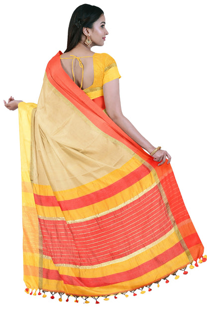 Moitreyee Handloom Cotton Silk Saree in Golden and Red with Maheswari Design