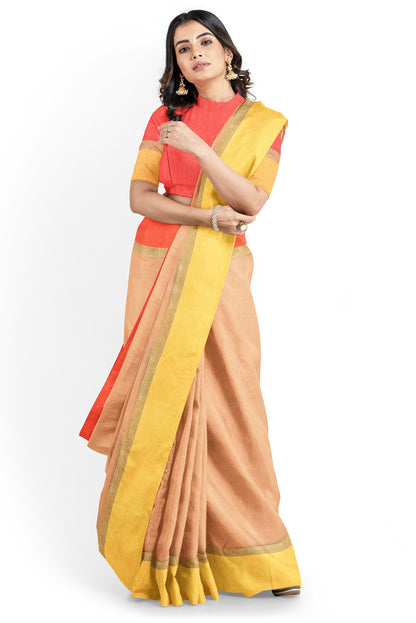 Moitreyee Handloom Cotton Silk Saree in Orange and Yellow with Maheswari Design