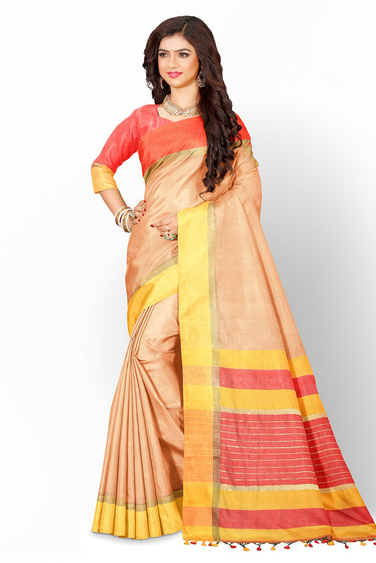 Moitreyee Handloom Cotton Silk Saree in Orange and Yellow with Maheswari Design