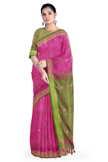 Artisan Woven Linen Saree by Moitreyee – Dual-Tone Grace in Pink & Green