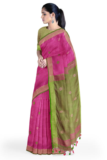 Artisan Woven Linen Saree by Moitreyee – Dual-Tone Grace in Pink & Green